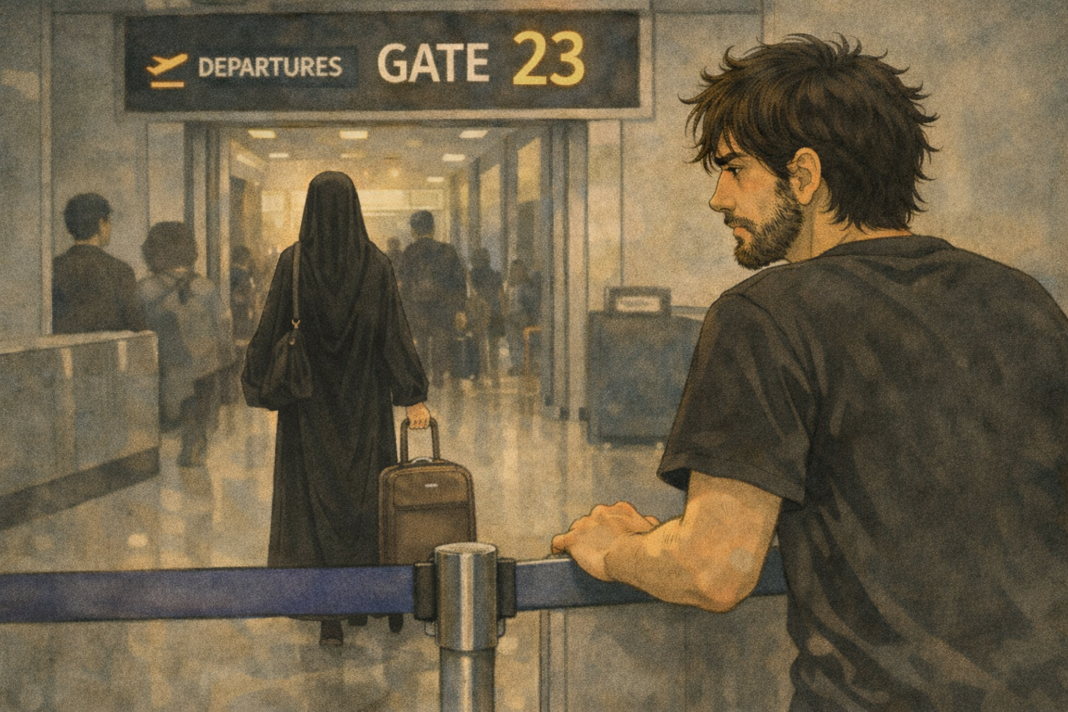 Airport departure — Mia walks away through the gate, seen from behind. Faris watches, sisters crying beside him. The roles have reversed.